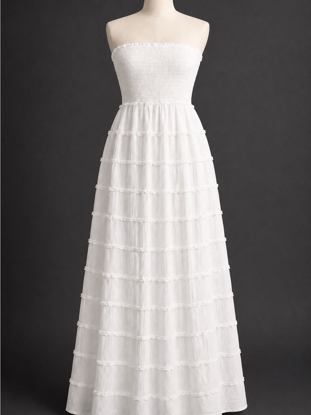 Strapless White Tiered Maxi Dress - Smocked Bodice